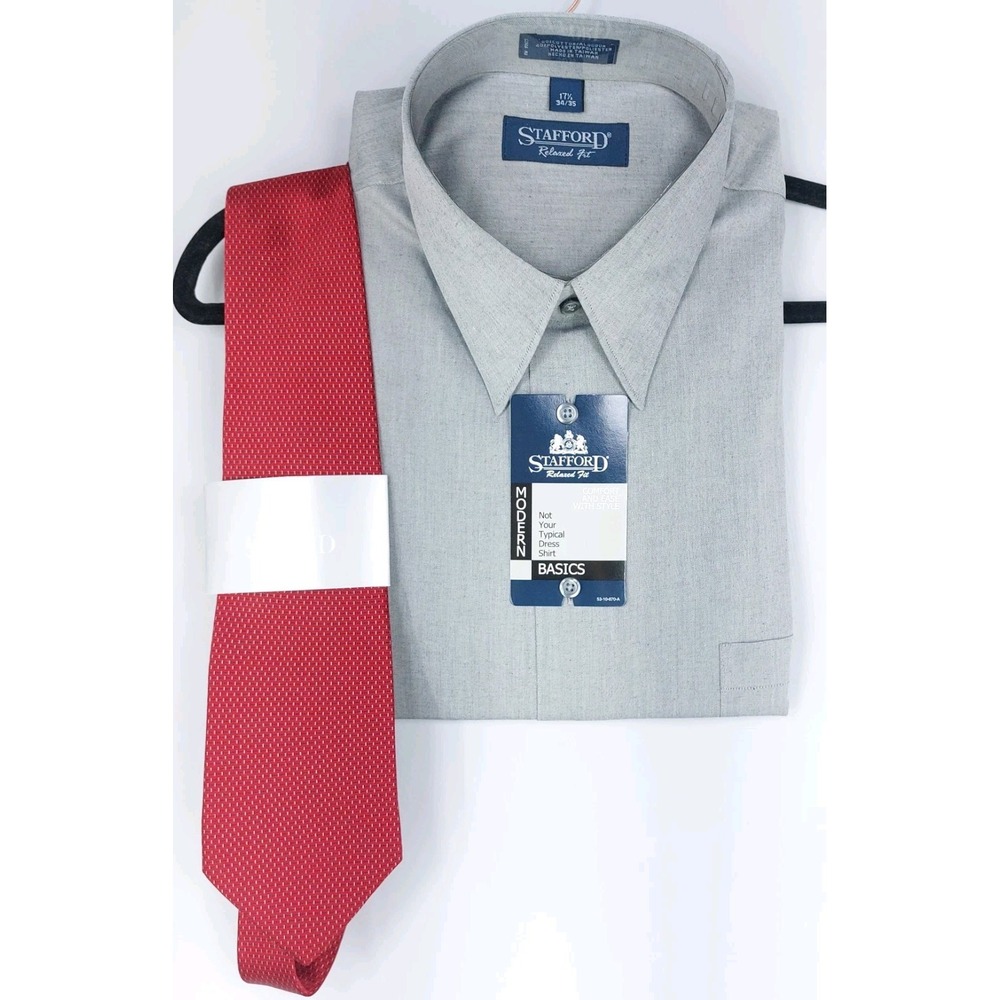 STAFFORD Relaxed‎ Fit-Modern Basics 17 1/2 34 35 Gray & Red Coordinating Tie NEW
